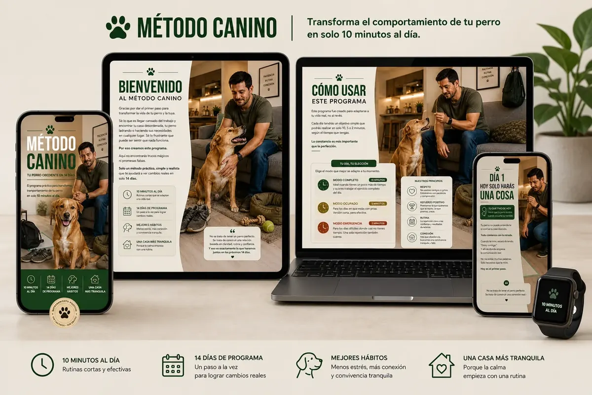 Mockups del Método Canino en celular, tablet y computadora
